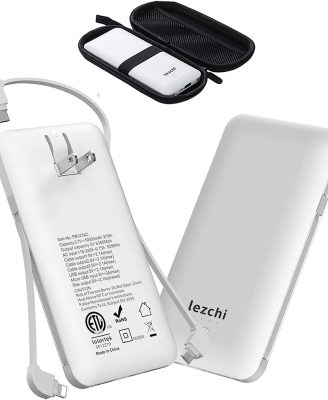 Portable Power Bank, Ultra Slim 10000mAh Portable Charger, USB C External Battery Pack with Built-in AC Plug, Charging Cable, Output Port, Compatible with All Kinds of Cellphones …